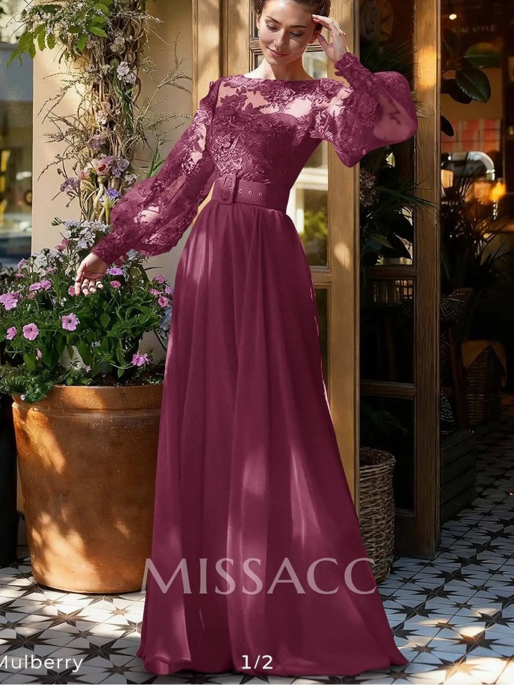 Long Sleeve Lace Bodice Maxi Dress in Mulberry